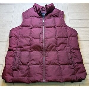 Lands End Puffer Vest Women XL Burgundy Herringbone Full Zip Down Pockets Jacket